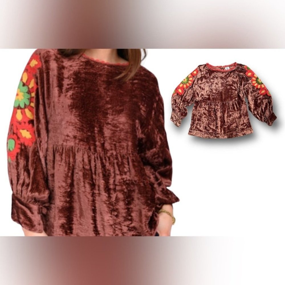 NWT Brown Velvet / Velour Boho Embroidered Top IVY JANE S 6 8